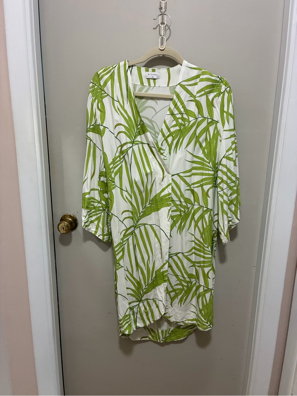 Piyama White with Green Palm Print Kimono Robe